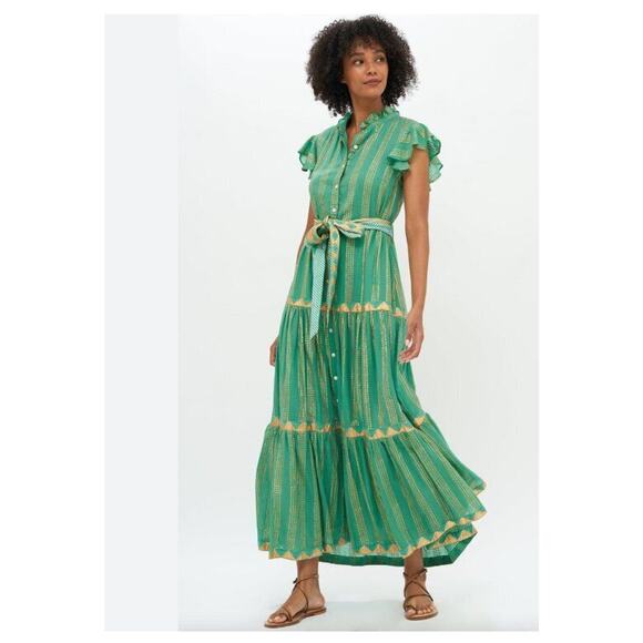 OLIPHANT L Large Pixie Green Gold Ruffle Collar Maxi Dress Belted Short Sleeve - Picture 4 of 9